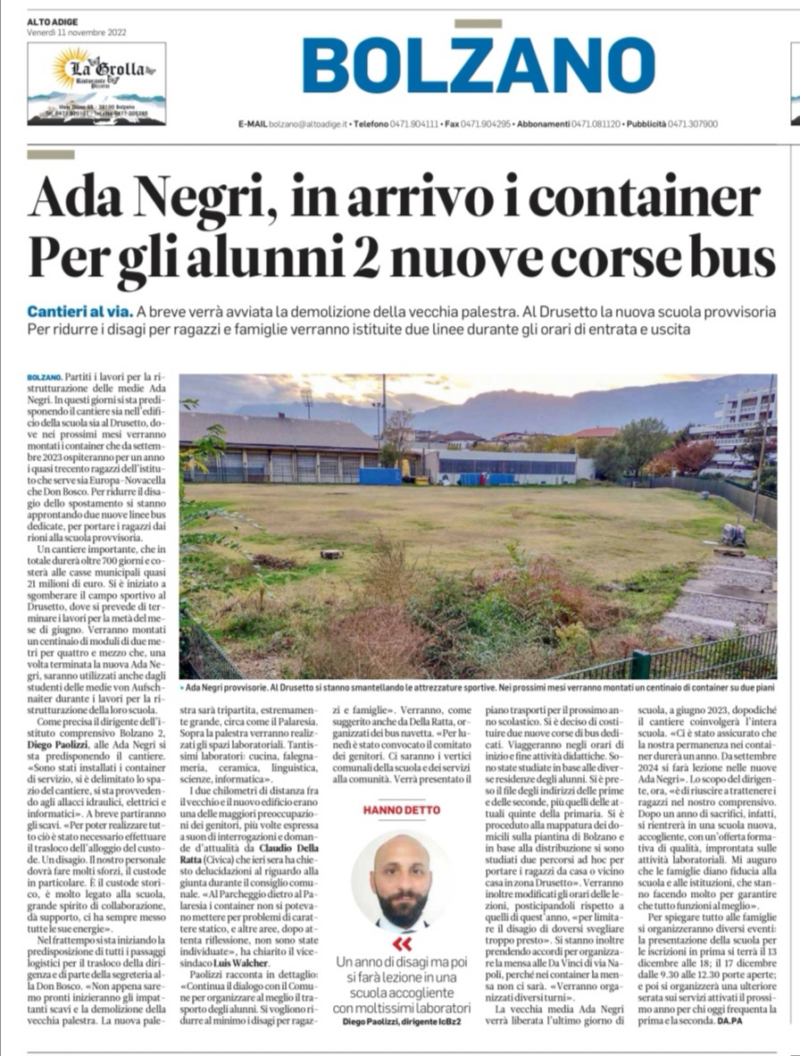 Articolo del quotidiano Alto Adige sul trasloco della scuola Ada Negri